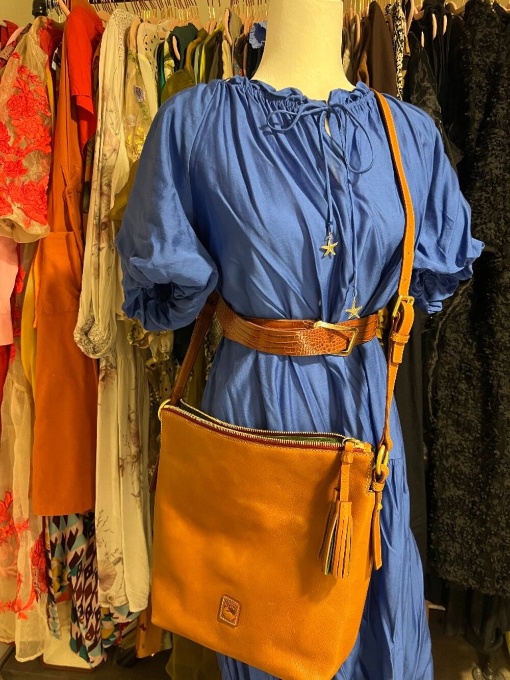 Dooney & Bourke Cognac/Natural Leather Tassel Crossbody Purse